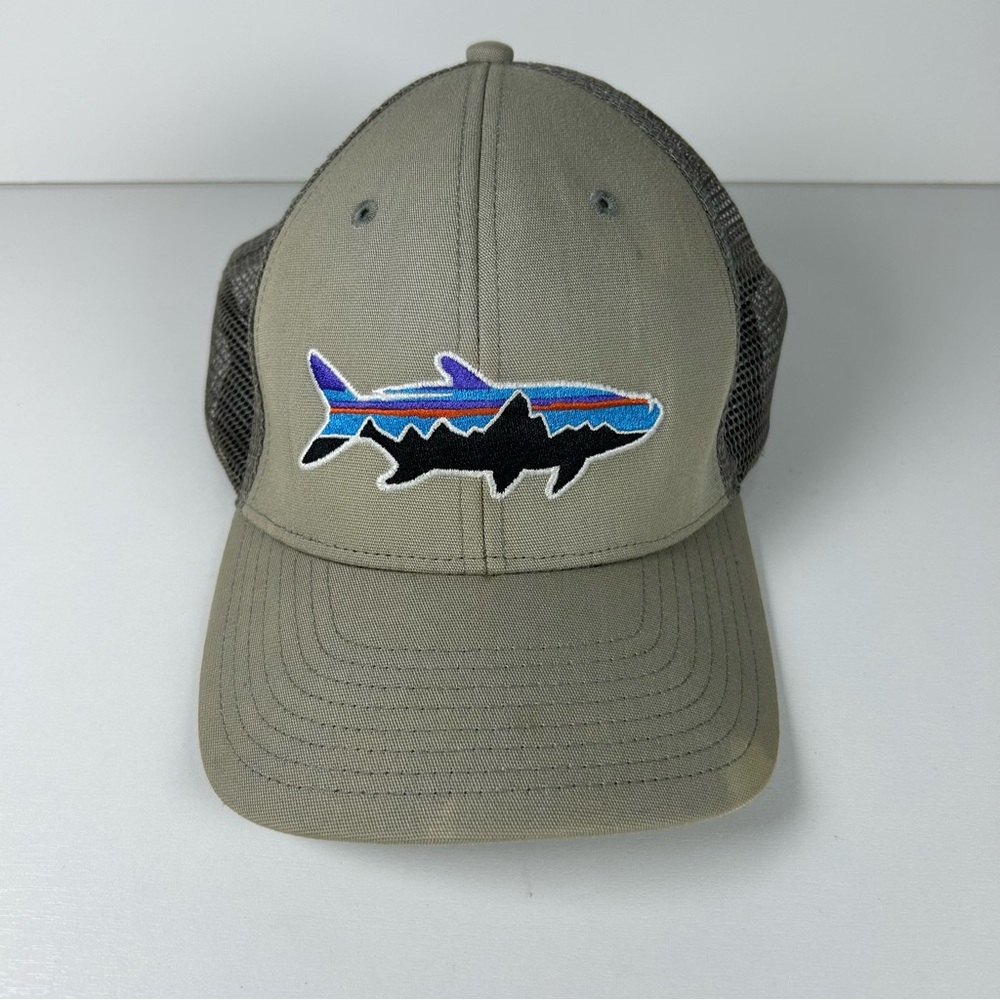 Vintage Patagonia Fish Shark Hat Khaki Fishing Trail Hike Outdoor Mesh Cap